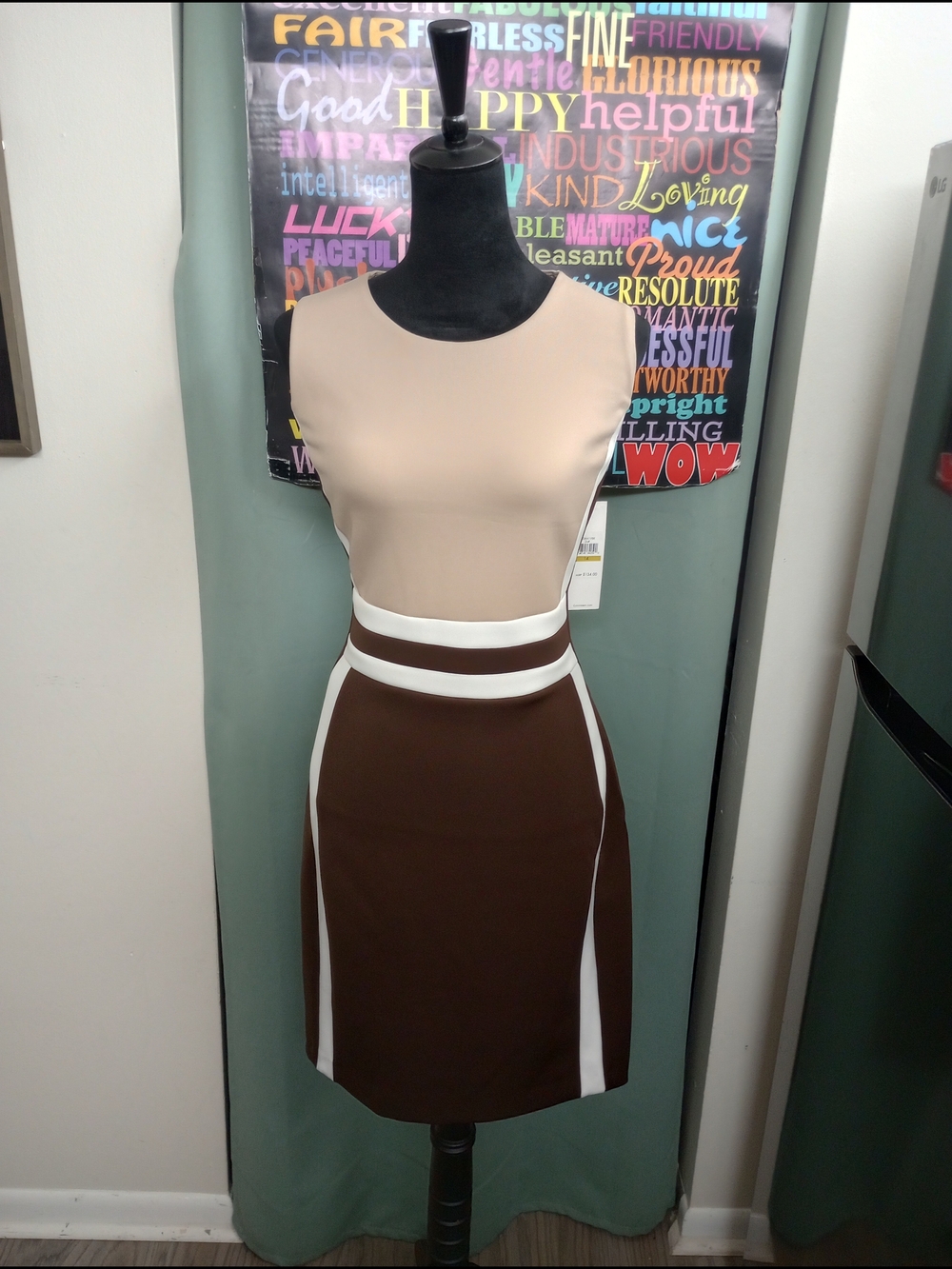 Beige and Brown Colorblock Calvin Klein Pencil Dress